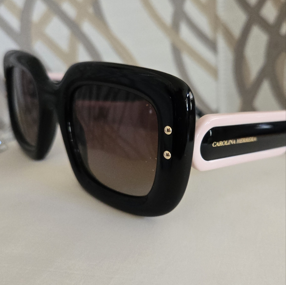 Carolina Herrera Black Square Sunglasses with Gold Accents